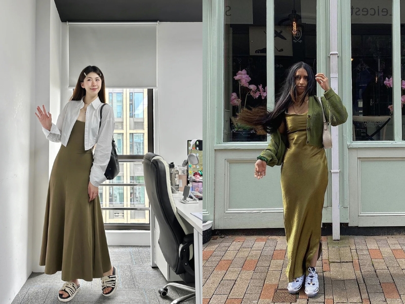 Váy xanh rêu kết hợp áo trắng hoặc xanh