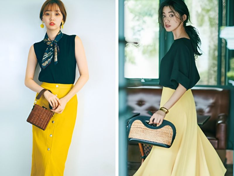Phối đồ với áo xanh cổ vịt và chân váy vàng 