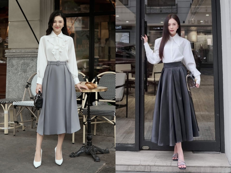 Phối áo sơ mi màu ivory với chân váy màu xám ghi