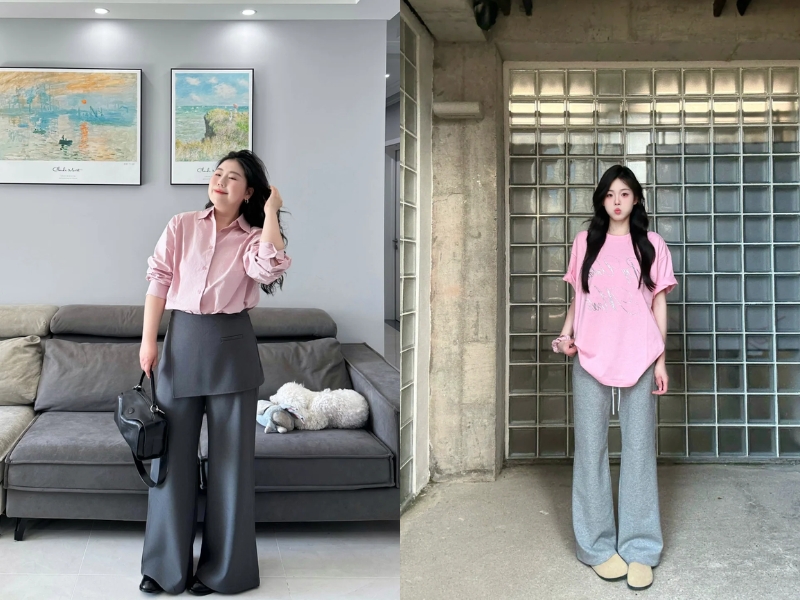 Phối đồ kết hợp ghi và hồng pastel 