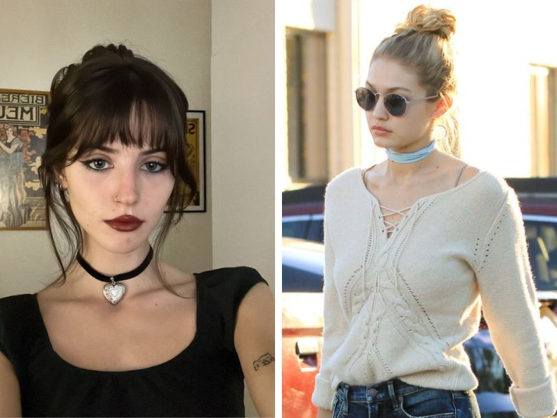 choker với áo cổ rộng và áo trễ vai