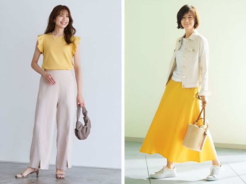 Phối item màu vàng chanh cùng với item màu kem 