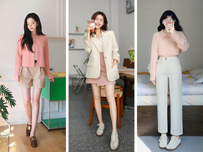 Phối áo màu hồng cam và chân váy kem 