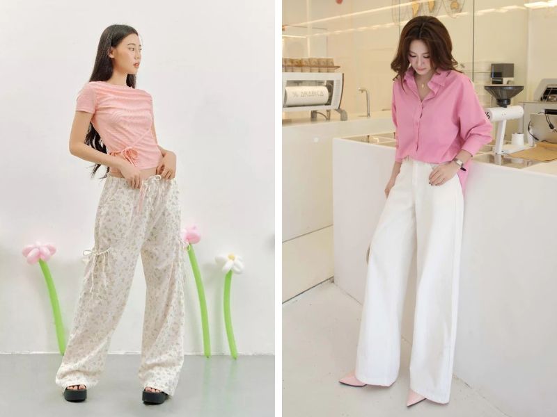 Phối áo hồng với quần trắng ống rộng 
