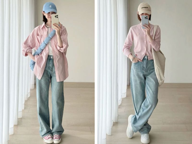Phối áo màu hồng và quần jean 