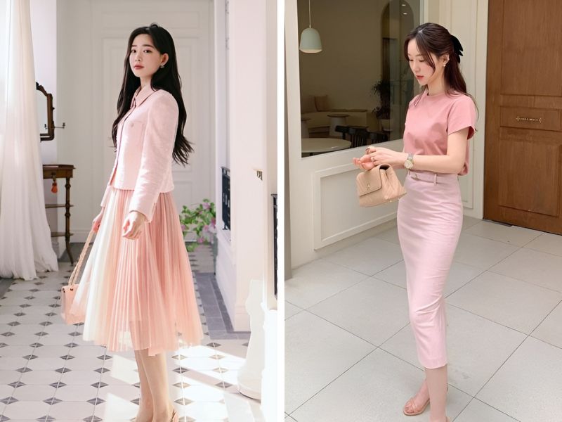 Phối áo hồng với chân váy hồng 