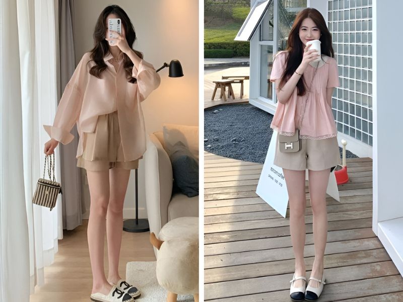 Phối áo kiểu màu hồng và quần short màu be