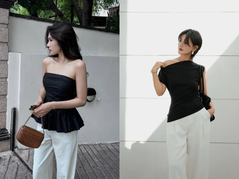 Kết hợp áo đen cùng chân váy trắng