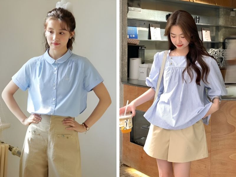 Phối áo màu xanh dương pastel và quần màu be 