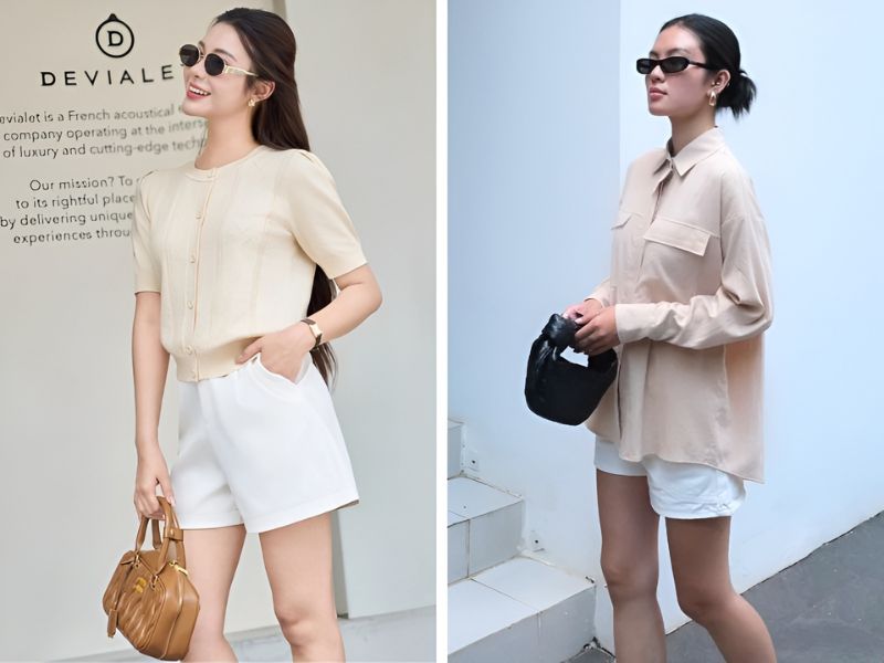 Phối áo màu be với quần short trắng