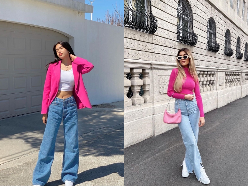 Phối đồ quần jean kết hợp áo màu hồng cánh sen đậm