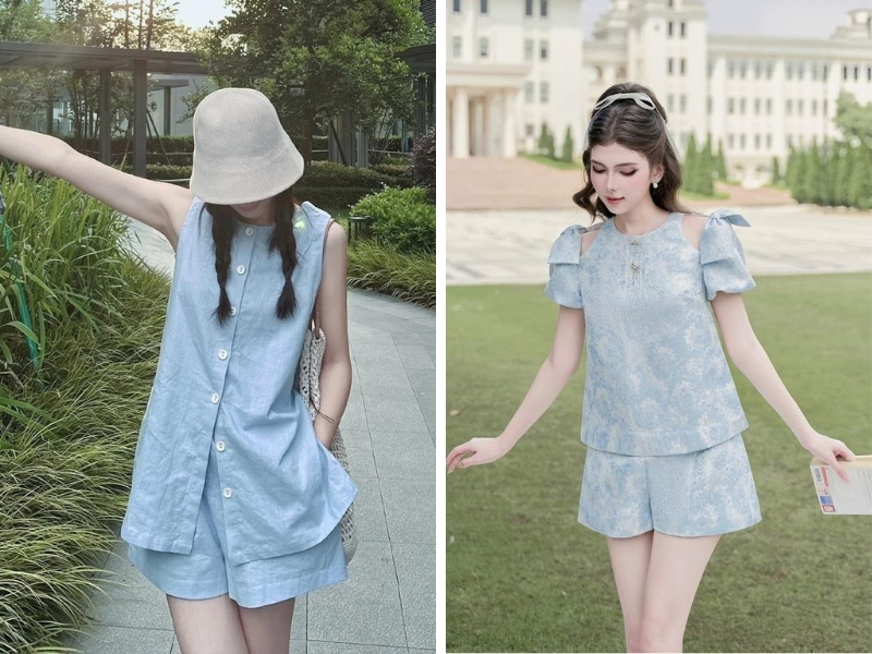 Outfit màu xanh dương nhạt tone sur tone