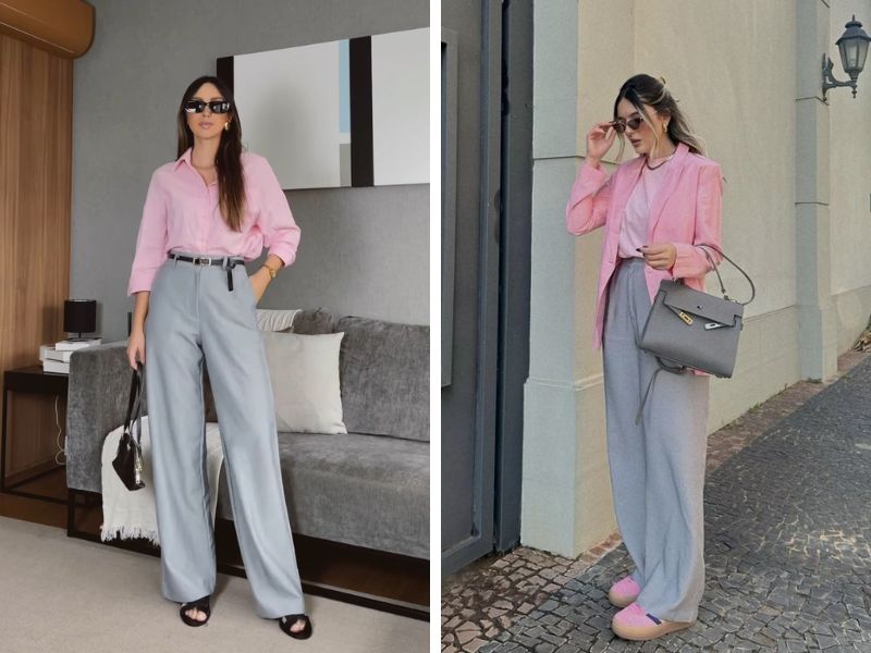 Phối áo màu hồng và quần tây màu xám