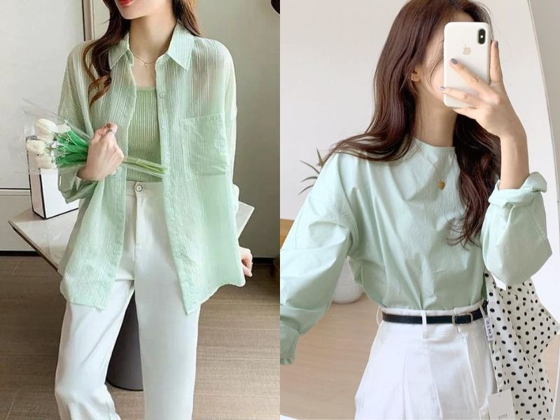 Phối quần trắng với áo xanh mint 
