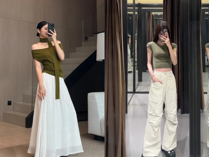 Outfit Tông trắng làm nổi bật sắc xanh rêu