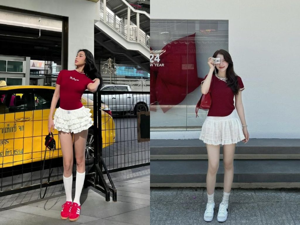 Phối đồ kết hợp giữa đỏ đô và trắng