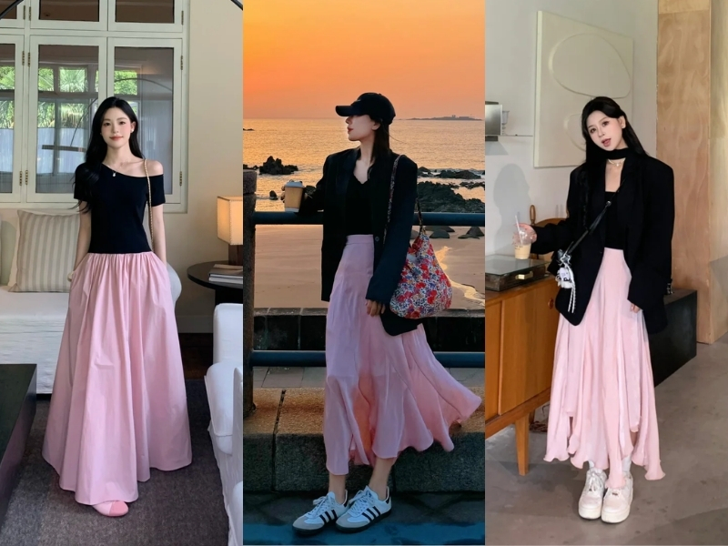 Outfit phối màu hồng – đen 