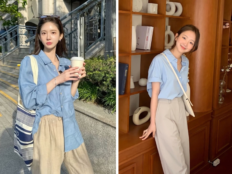 Áo sơ mi xanh dương phối cùng quần ống rộng trắng kem nữ