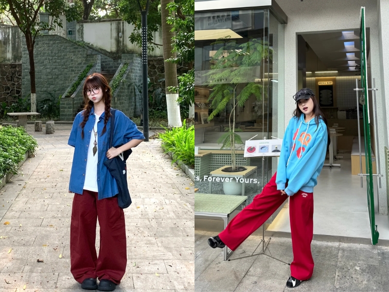 Phối quần màu đỏ với sắc xanh dương