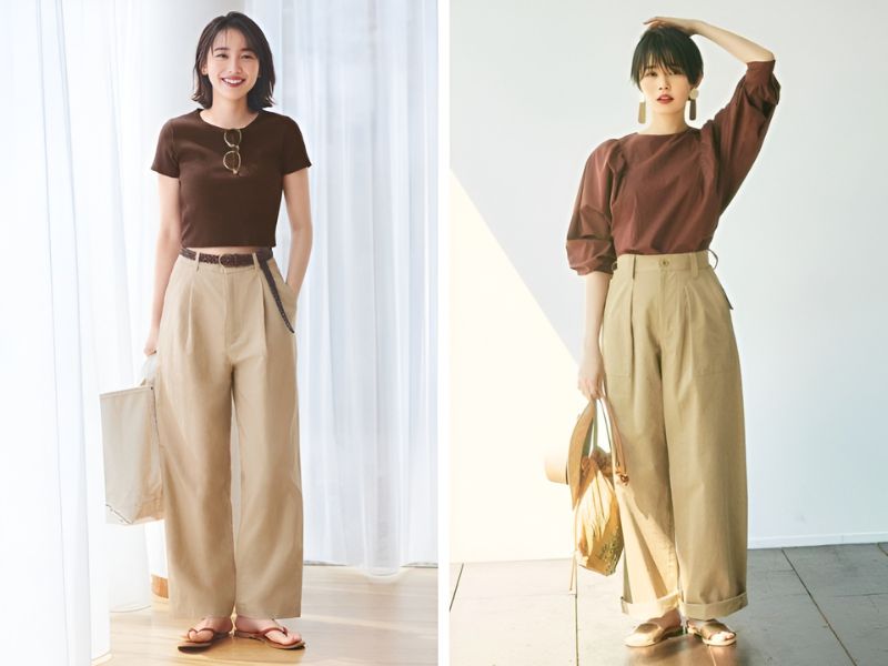 Phối quần màu be với áo màu nâu