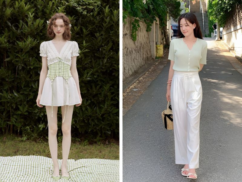 Phối áo màu xanh lá pastel và quần màu trắng