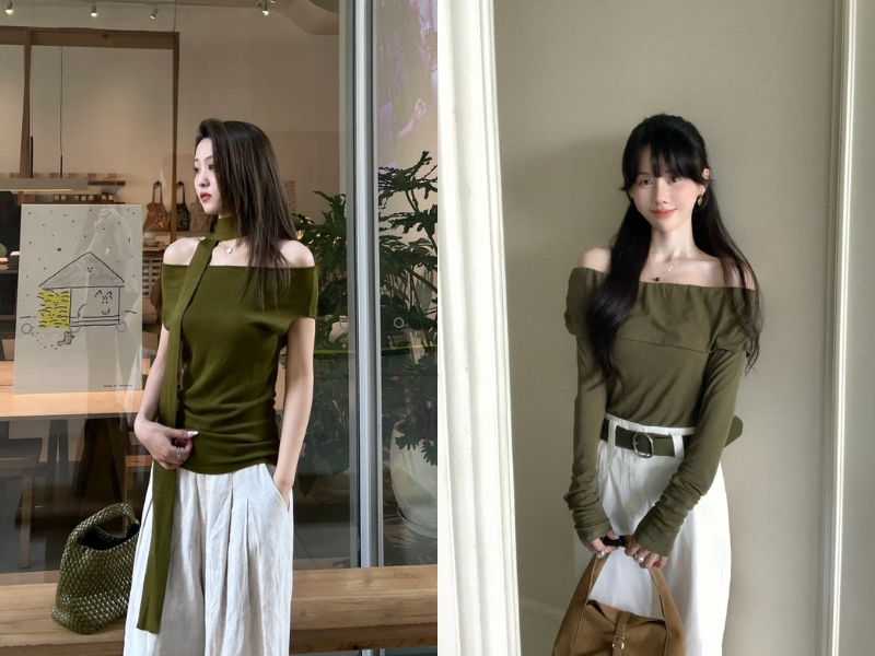 Phối đồ kết hợp giữa xanh rêu và trắng