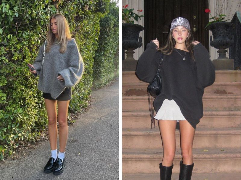áo jumper len phối chân váy ngắn và boots