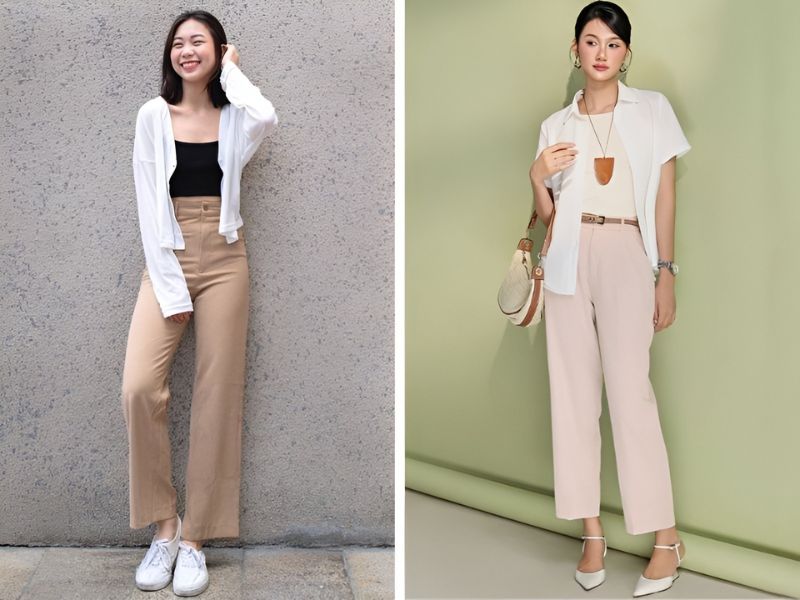 Phối quần màu be và áo màu trắng khoác ngoài