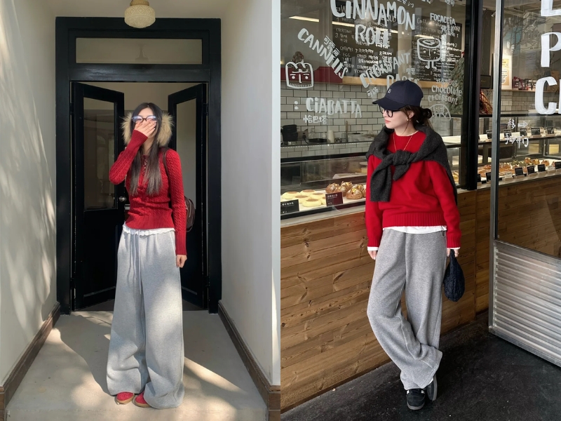 Phối đồ áo màu đỏ với quần màu ghi
