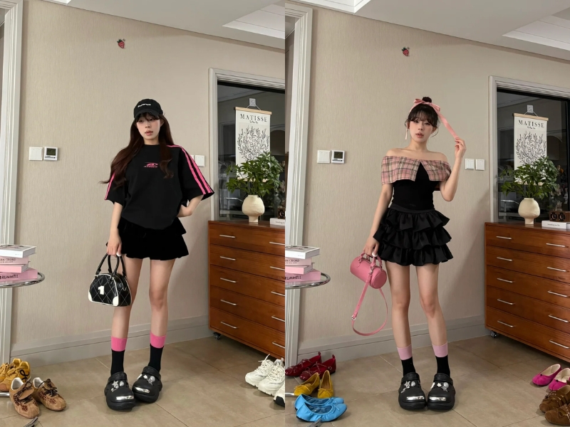 Phối đồ màu đen với màu hồng