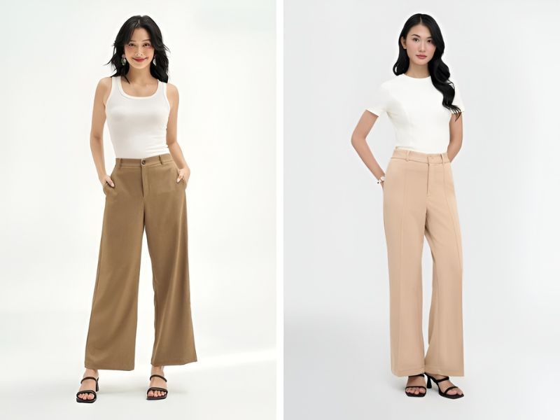 Phối quần ông suông màu be và áo thun trắng