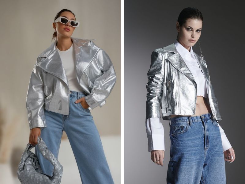 Phối quần jean với áo khoác ánh bạc và áo trắng