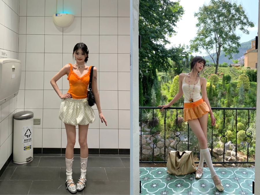 Phối đồ màu cam - trắng với chân váy