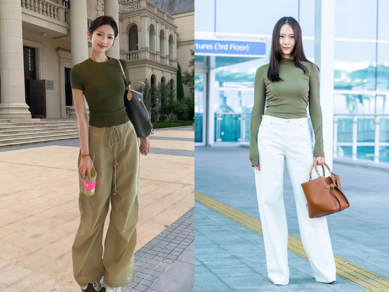 Áo xanh rêu đi cùng quần màu xanh