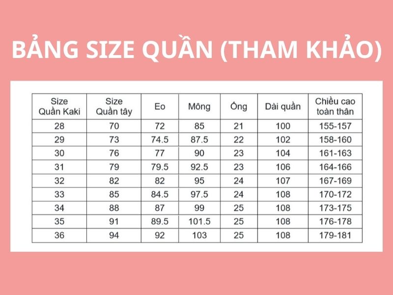Bảng size quần tham khảo