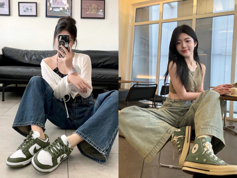 Giày xanh rêu kết hợp cùng quần jean