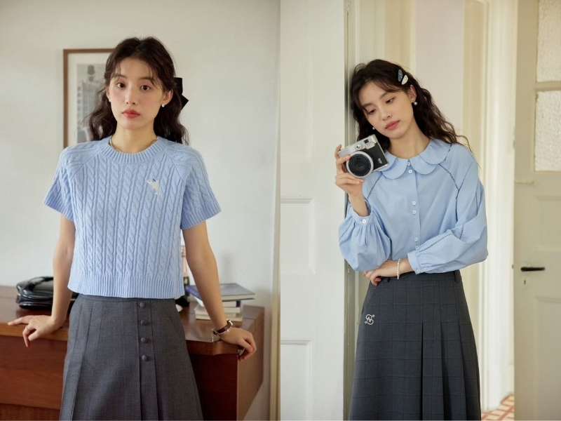 Phối đồ màu xanh thiên thanh kết hợp cùng ghi 