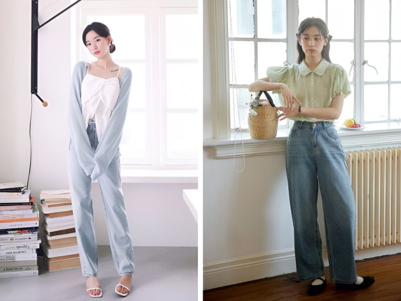 Phối áo xanh pastel và quần jean 