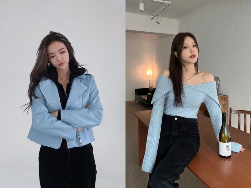 outfit kết hợp xanh thiên thanh với đen 