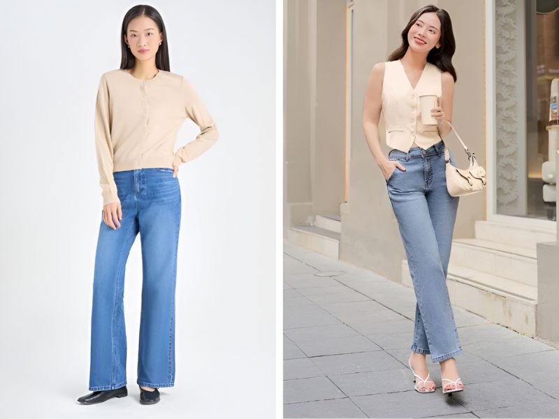 Phối áo kiểu màu be và quần jean