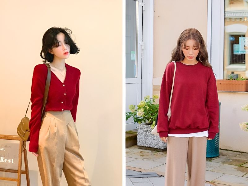 Quần màu be đi cùng với áo màu đỏ
