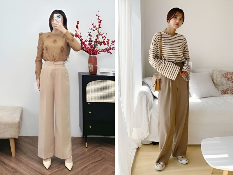 Phối áo hoa và kẻ sọc với quần tây màu be