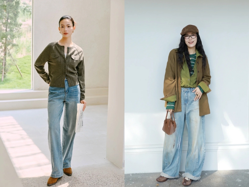 Phối đồ màu xanh rêu với jean