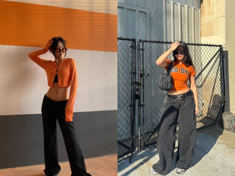 Set đồ nữ phối màu cam với màu đen
