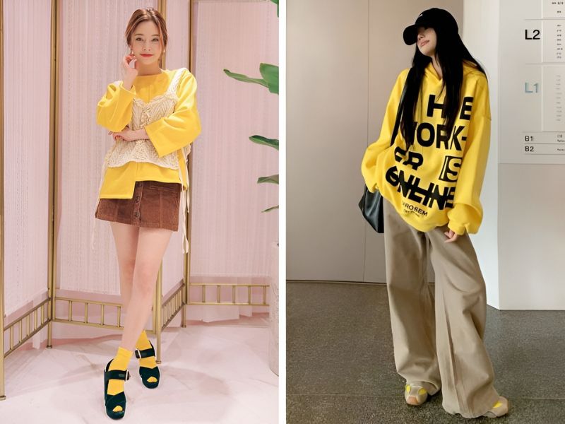 Phối áo màu vàng chanh với quần hoặc chân váy màu nâu 