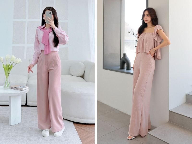 Phối áo hồng và quần ống rộng cạp cao màu hồng