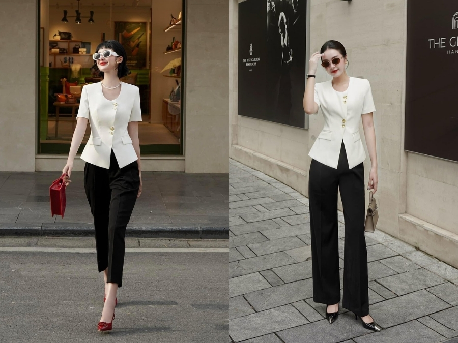 Phối áo màu ivory với chân váy hoặc quần màu đen