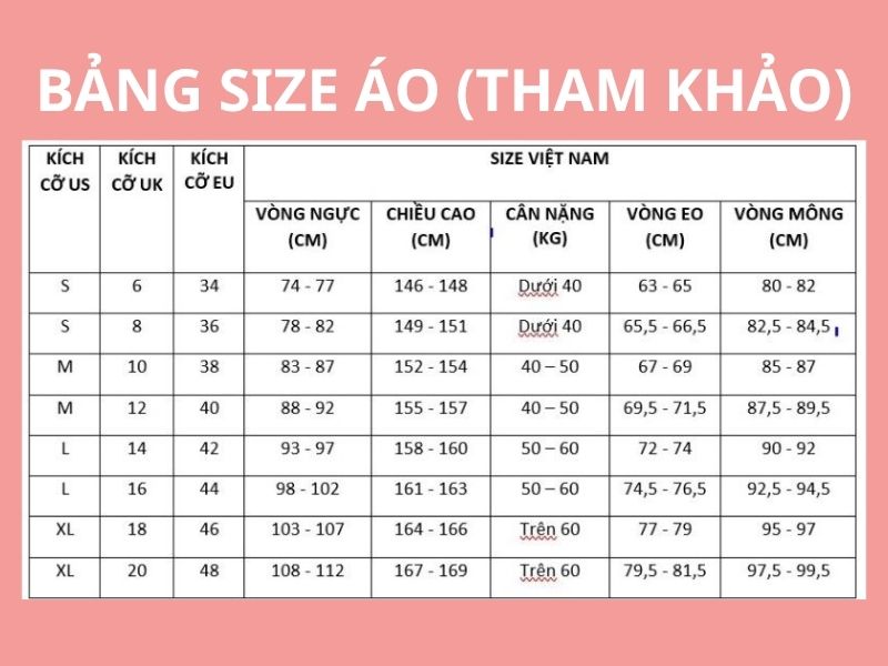 Bảng size áo tham khảo. 
