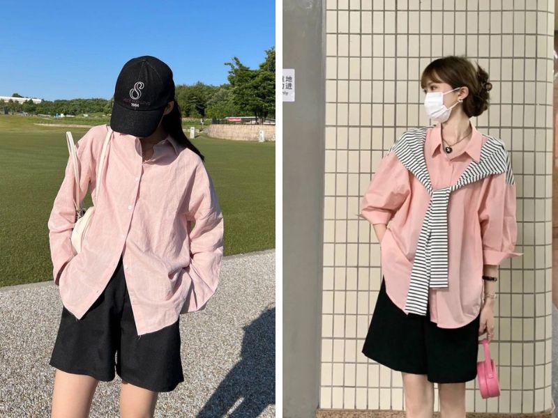 Phối áo sơ mi màu hồng và quần màu đen 