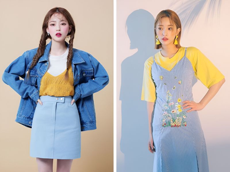 Phối đồ màu xanh dương nhạt và màu vàng